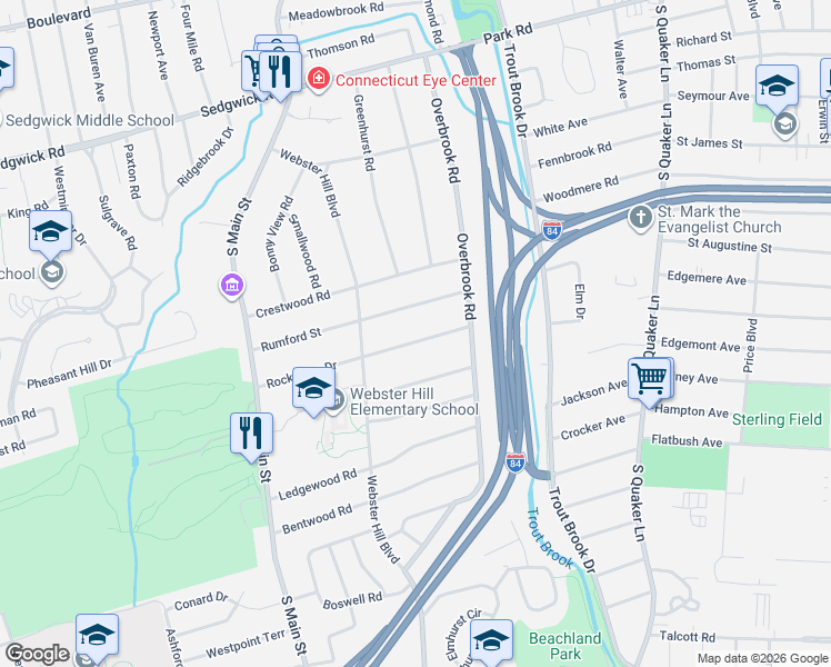 map of restaurants, bars, coffee shops, grocery stores, and more near 29 Rumford Street in West Hartford