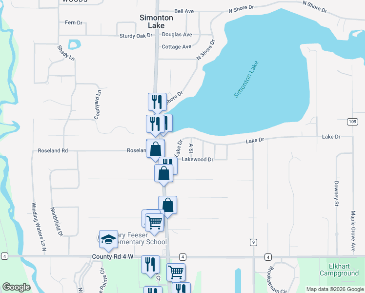 map of restaurants, bars, coffee shops, grocery stores, and more near 26284 Lake Drive in Elkhart