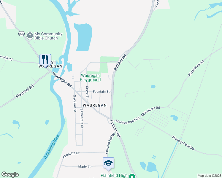 map of restaurants, bars, coffee shops, grocery stores, and more near 373 Putnam Road in Plainfield