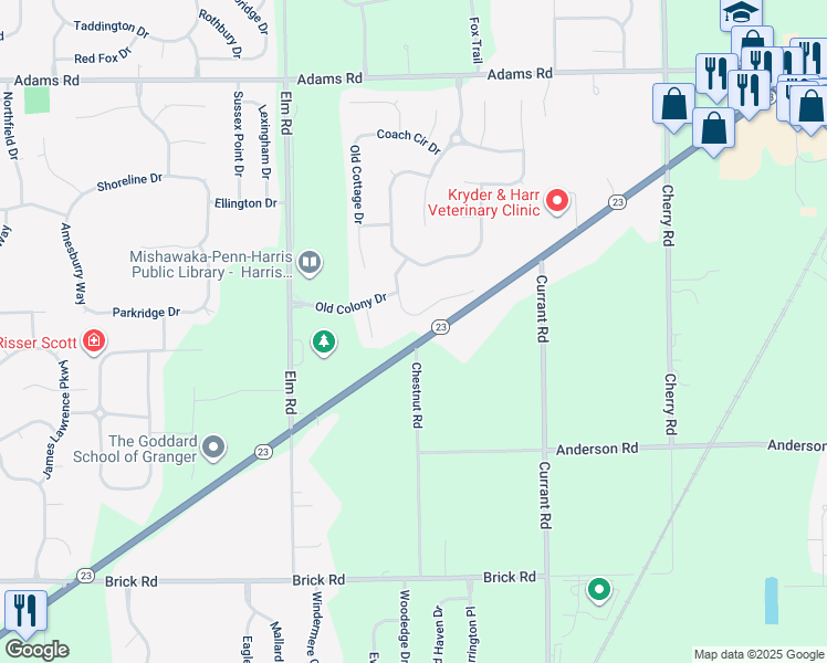 map of restaurants, bars, coffee shops, grocery stores, and more near 13687 Edwardsburg Highway in Granger