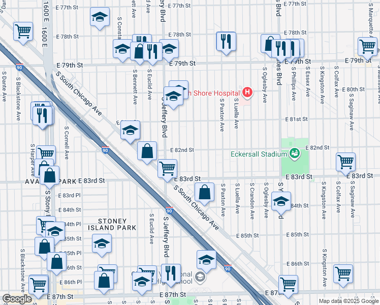 map of restaurants, bars, coffee shops, grocery stores, and more near 8200 South Clyde Avenue in Chicago