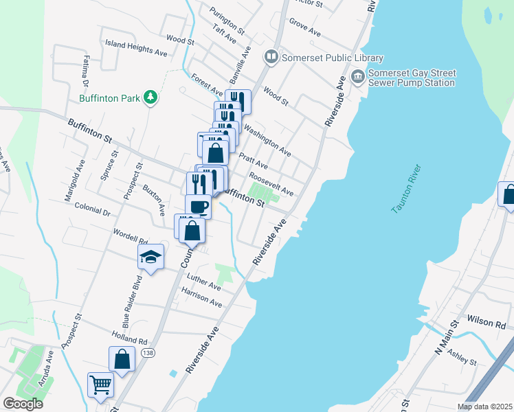 map of restaurants, bars, coffee shops, grocery stores, and more near 105 Buffinton Street in Somerset
