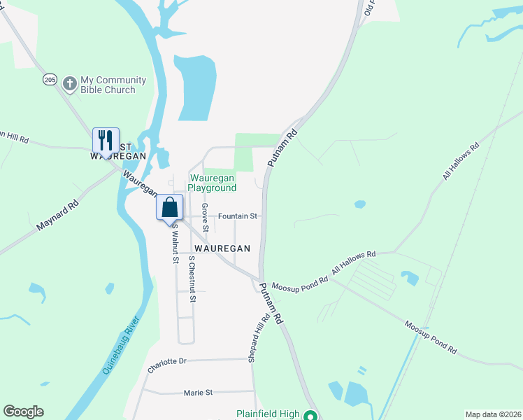 map of restaurants, bars, coffee shops, grocery stores, and more near 365 Putnam Road in Plainfield