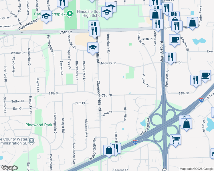 map of restaurants, bars, coffee shops, grocery stores, and more near 7769 Brookbank Road in Willowbrook
