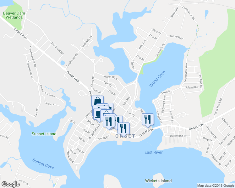 map of restaurants, bars, coffee shops, grocery stores, and more near 40 East Central Avenue in Wareham
