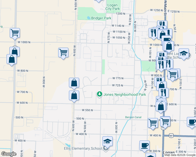 map of restaurants, bars, coffee shops, grocery stores, and more near 420 West 750 North in Logan