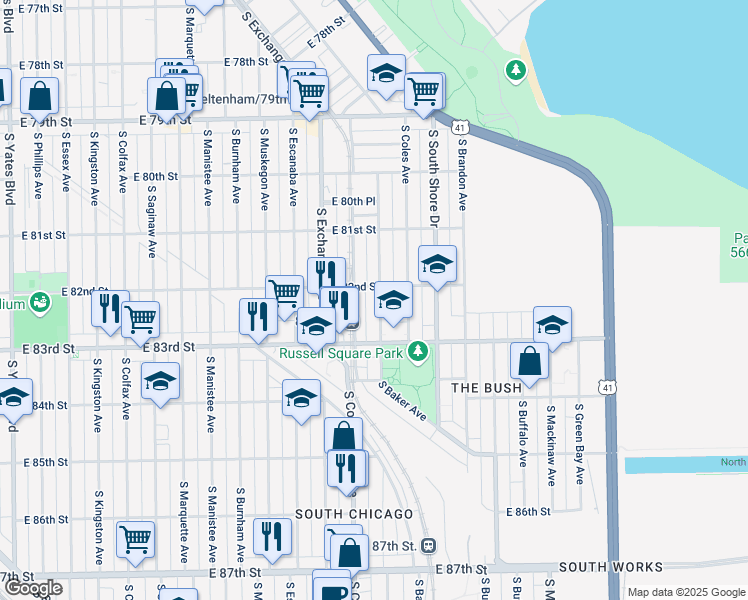 map of restaurants, bars, coffee shops, grocery stores, and more near 8212 South Houston Avenue in Chicago