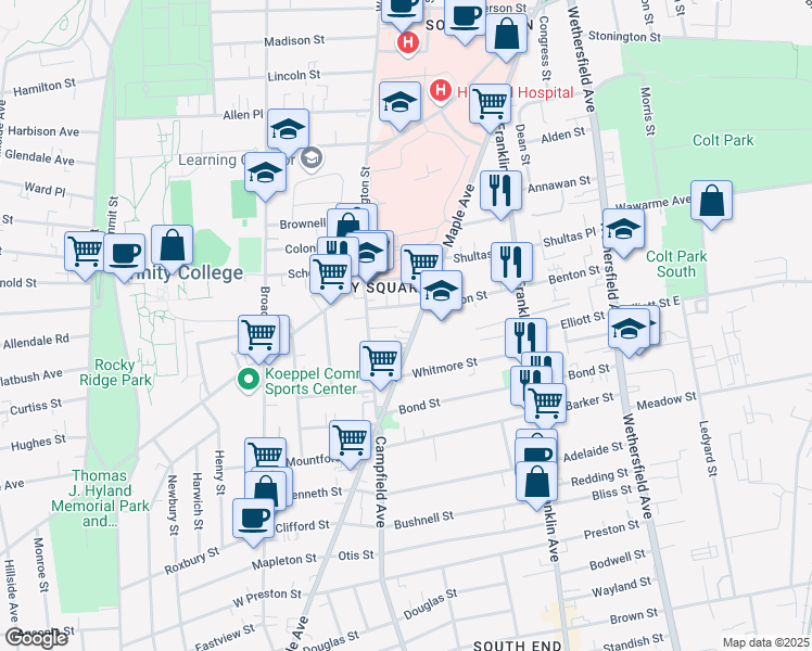 map of restaurants, bars, coffee shops, grocery stores, and more near 495 Maple Avenue in Hartford