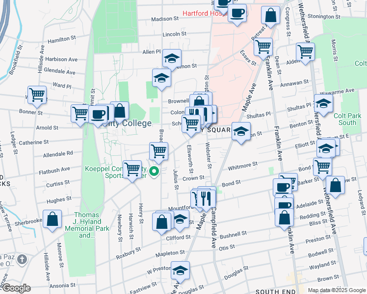map of restaurants, bars, coffee shops, grocery stores, and more near 76 New Britain Avenue in Hartford