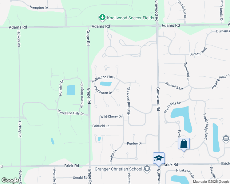 map of restaurants, bars, coffee shops, grocery stores, and more near 16289 Cambridge Court in Granger