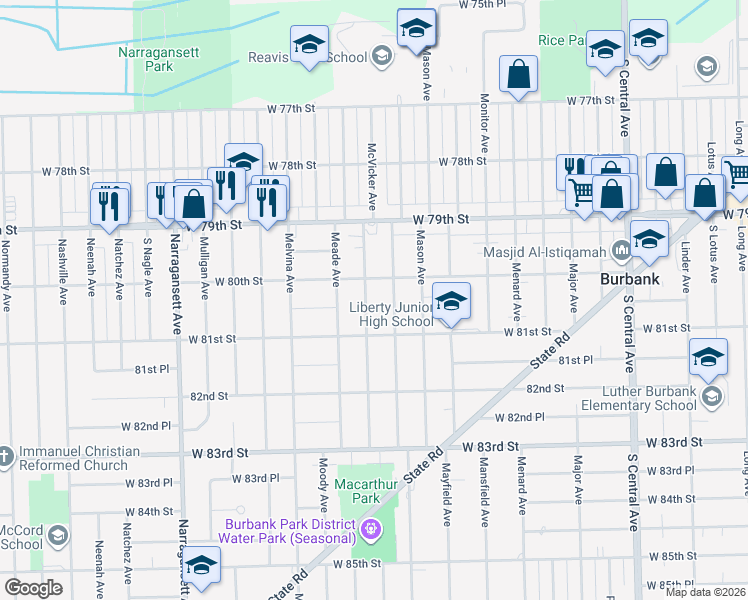 map of restaurants, bars, coffee shops, grocery stores, and more near 8008 Austin Avenue in Burbank