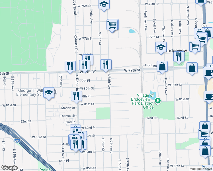 map of restaurants, bars, coffee shops, grocery stores, and more near 7801 79th Place in Bridgeview
