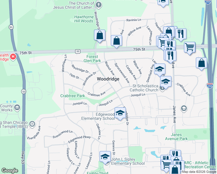 map of restaurants, bars, coffee shops, grocery stores, and more near in Woodridge
