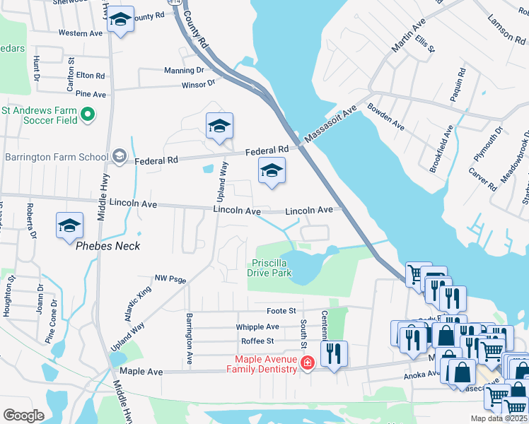 map of restaurants, bars, coffee shops, grocery stores, and more near 220 Lincoln Avenue in Barrington