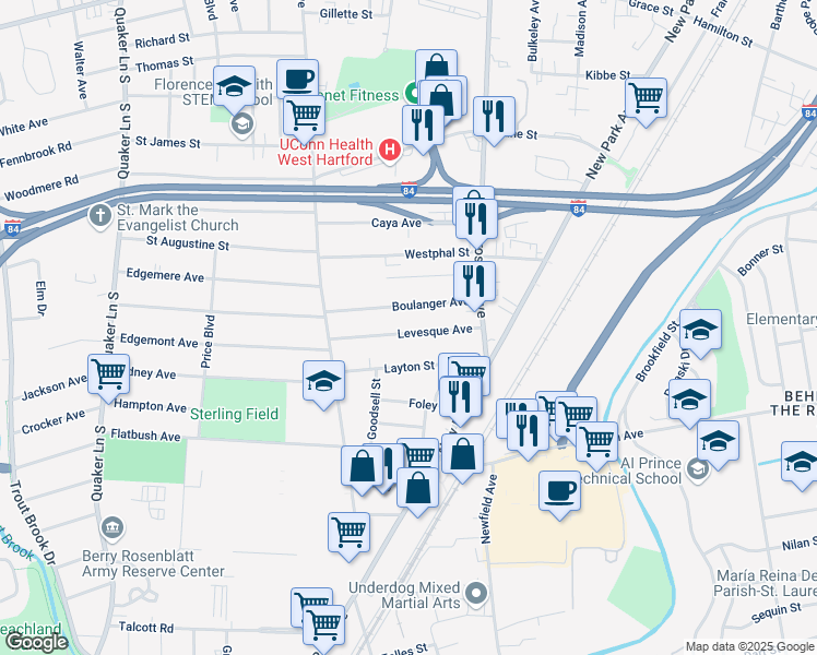 map of restaurants, bars, coffee shops, grocery stores, and more near 64 Levesque Avenue in West Hartford