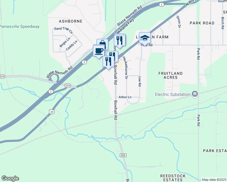 map of restaurants, bars, coffee shops, grocery stores, and more near 721 Bowhall Road in Painesville
