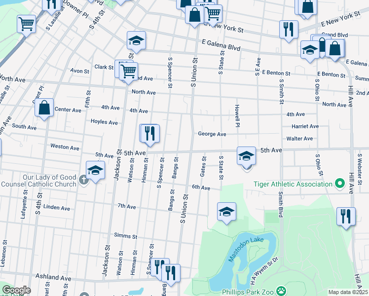 map of restaurants, bars, coffee shops, grocery stores, and more near 459 South Union Street in Aurora