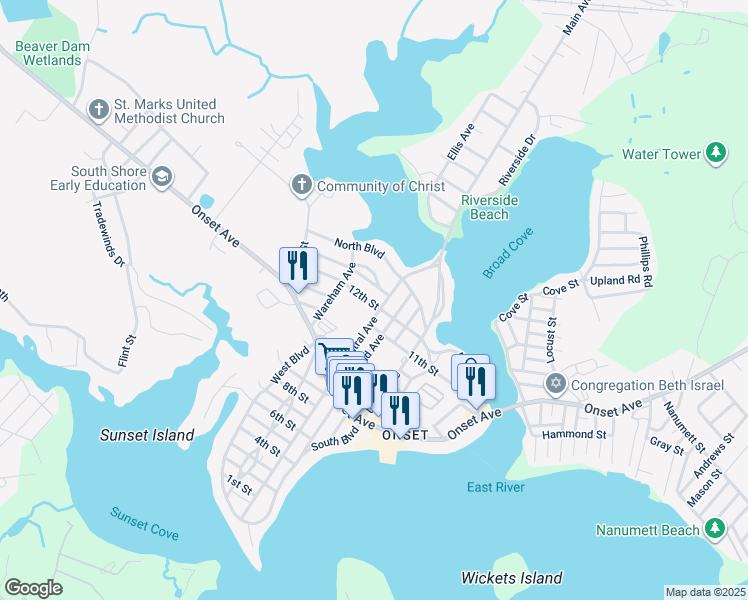map of restaurants, bars, coffee shops, grocery stores, and more near 6 13th Street in Wareham
