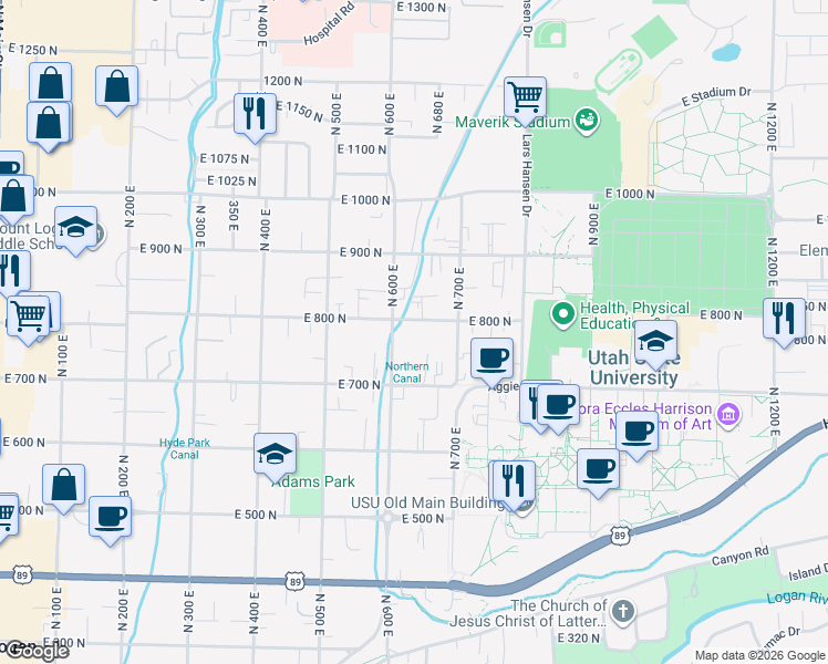 map of restaurants, bars, coffee shops, grocery stores, and more near 810 600 East in Logan