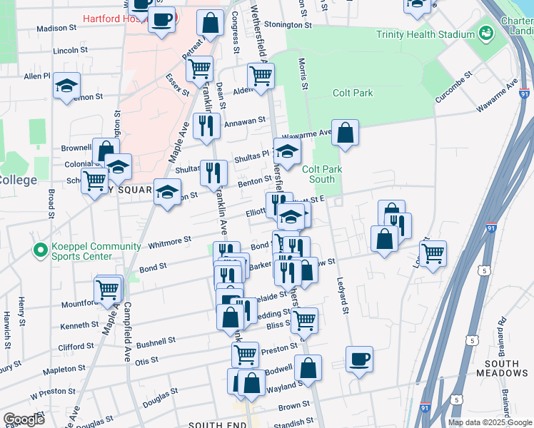 map of restaurants, bars, coffee shops, grocery stores, and more near in Hartford