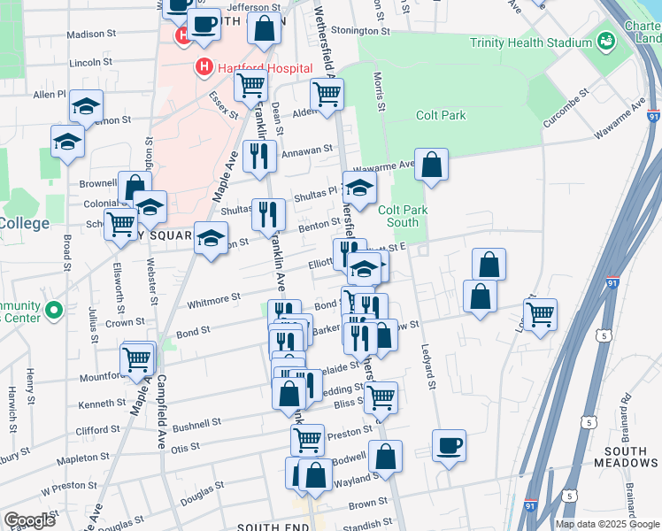 map of restaurants, bars, coffee shops, grocery stores, and more near 22 Elliott Street in Hartford