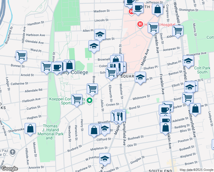 map of restaurants, bars, coffee shops, grocery stores, and more near 76 New Britain Avenue in Hartford
