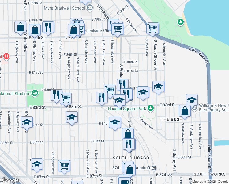 map of restaurants, bars, coffee shops, grocery stores, and more near 8159 South Escanaba Avenue in Chicago