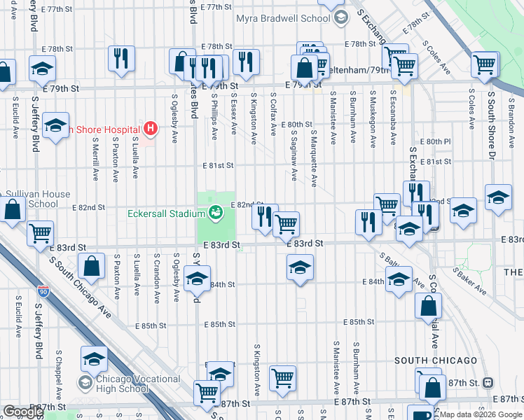 map of restaurants, bars, coffee shops, grocery stores, and more near 8159 South Kingston Avenue in Chicago
