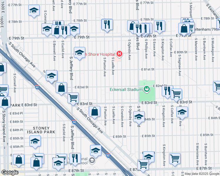 map of restaurants, bars, coffee shops, grocery stores, and more near 8152 South Luella Avenue in Chicago