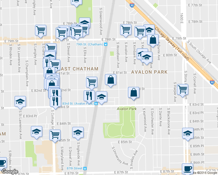 map of restaurants, bars, coffee shops, grocery stores, and more near 1117 East 81st Place in Chicago