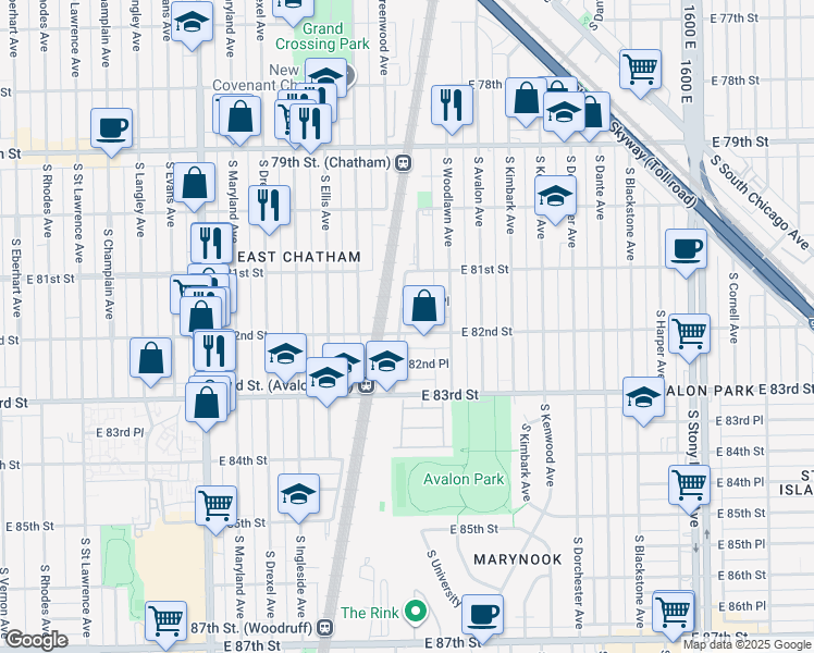 map of restaurants, bars, coffee shops, grocery stores, and more near 1117 East 81st Place in Chicago