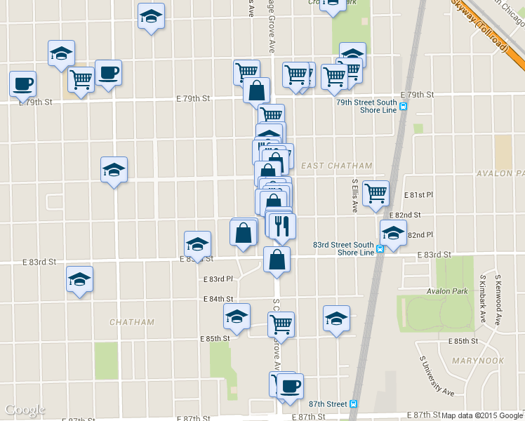map of restaurants, bars, coffee shops, grocery stores, and more near 8137 South Evans Avenue in Chicago