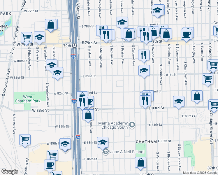map of restaurants, bars, coffee shops, grocery stores, and more near 8127 South Prairie Park Place in Chicago