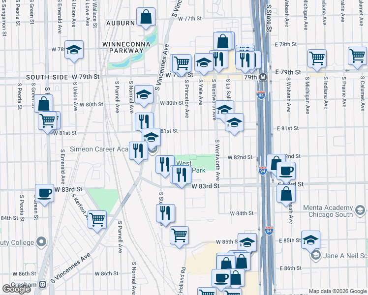 map of restaurants, bars, coffee shops, grocery stores, and more near 8123 South Princeton Avenue in Chicago