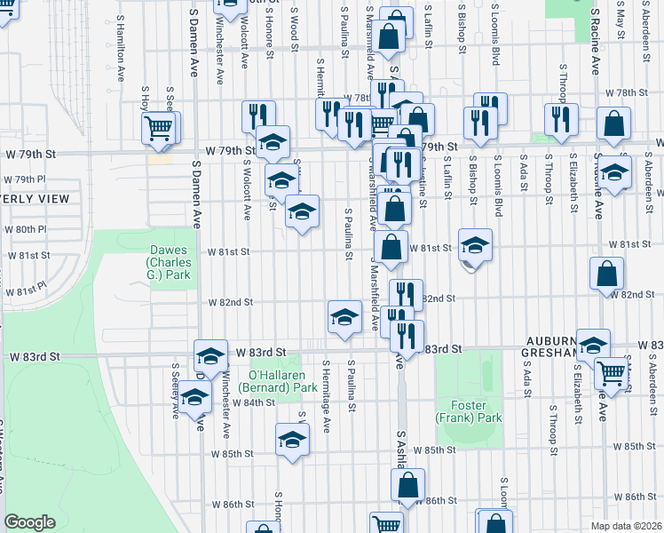 map of restaurants, bars, coffee shops, grocery stores, and more near 8102 South Paulina Street in Chicago