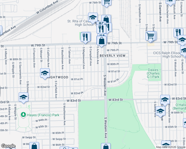 map of restaurants, bars, coffee shops, grocery stores, and more near 8056 South Campbell Avenue in Chicago