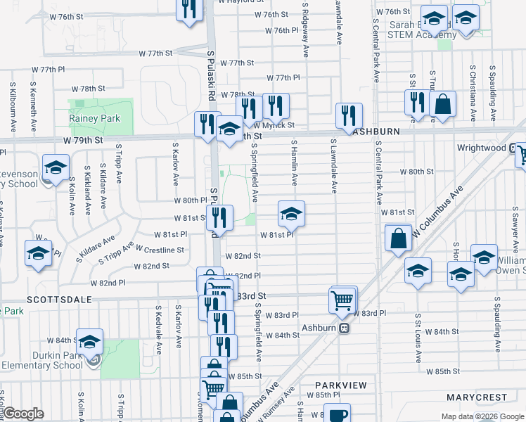 map of restaurants, bars, coffee shops, grocery stores, and more near 3839 West 80th Place in Chicago