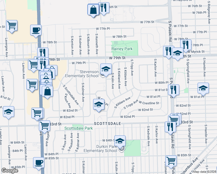 map of restaurants, bars, coffee shops, grocery stores, and more near 8013 South Kolin Avenue in Chicago