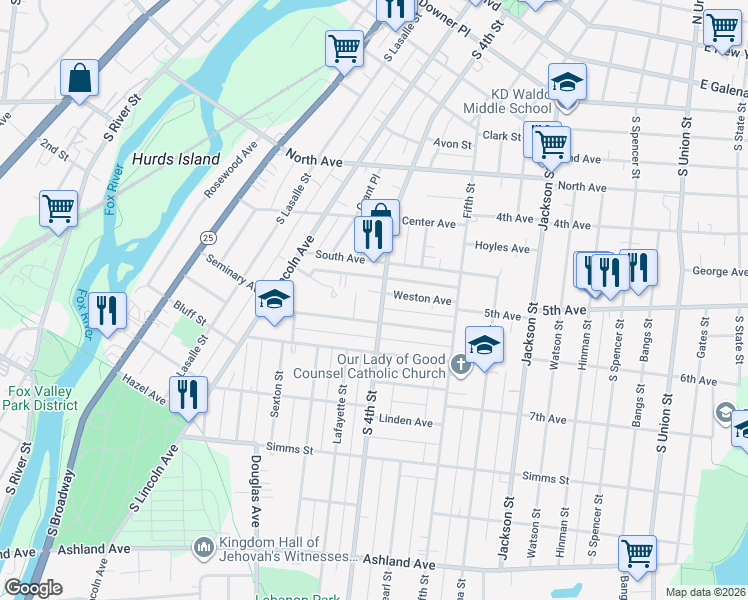 map of restaurants, bars, coffee shops, grocery stores, and more near 372 Weston Avenue in Aurora