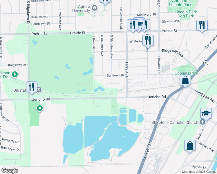 map of restaurants, bars, coffee shops, grocery stores, and more near 731 South Gladstone Avenue in Aurora