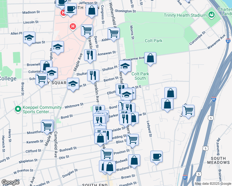 map of restaurants, bars, coffee shops, grocery stores, and more near 17 Elliott Street in Hartford