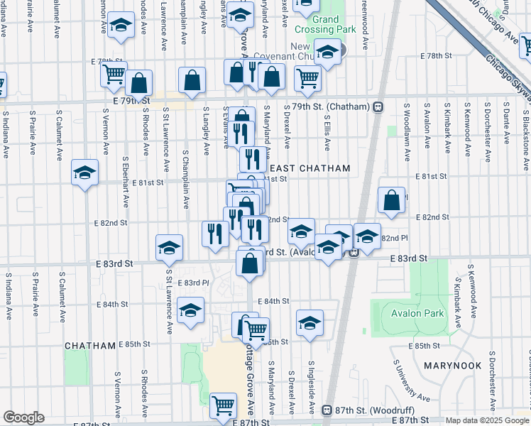 map of restaurants, bars, coffee shops, grocery stores, and more near 8152 South Maryland Avenue in Chicago