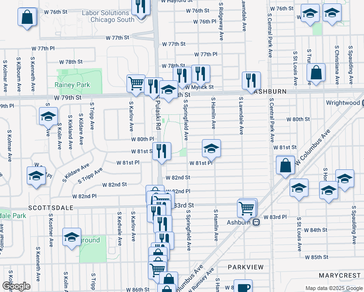 map of restaurants, bars, coffee shops, grocery stores, and more near 3906 West 81st Place in Chicago