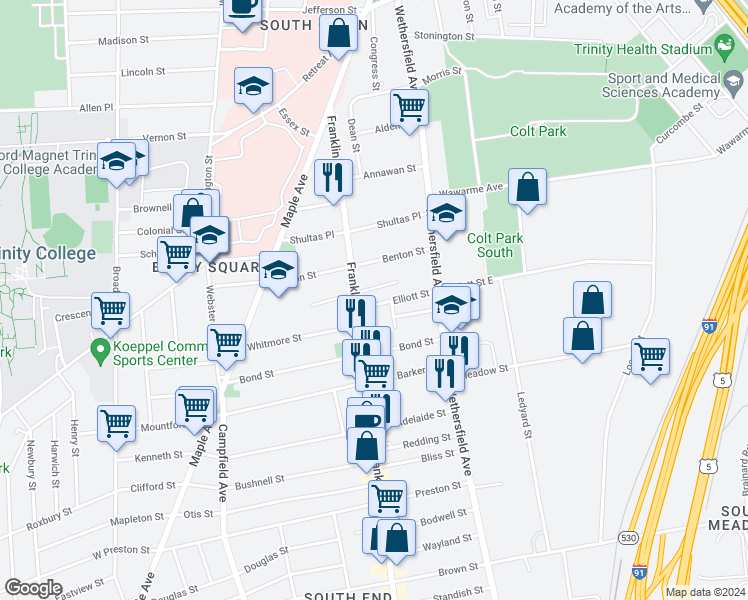 map of restaurants, bars, coffee shops, grocery stores, and more near 52 Elliott Street in Hartford