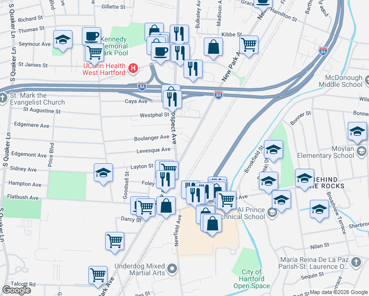 map of restaurants, bars, coffee shops, grocery stores, and more near 357 New Park Avenue in Hartford