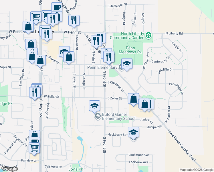 map of restaurants, bars, coffee shops, grocery stores, and more near 5 East Chestnut Street in North Liberty