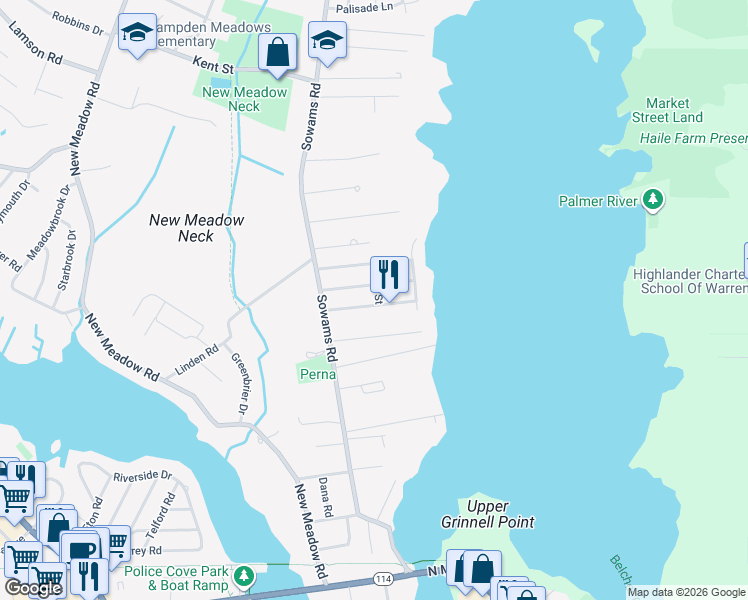 map of restaurants, bars, coffee shops, grocery stores, and more near 25 Wallis Avenue in Barrington