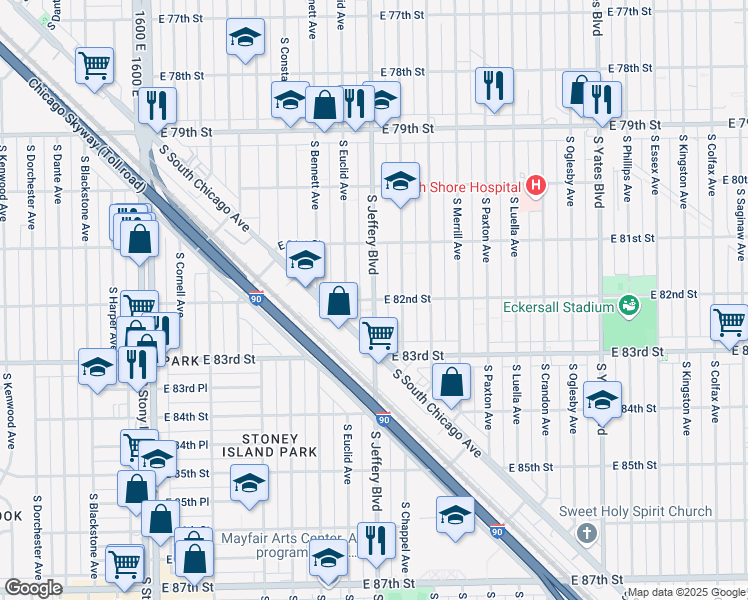 map of restaurants, bars, coffee shops, grocery stores, and more near 8148 South Jeffery Boulevard in Chicago