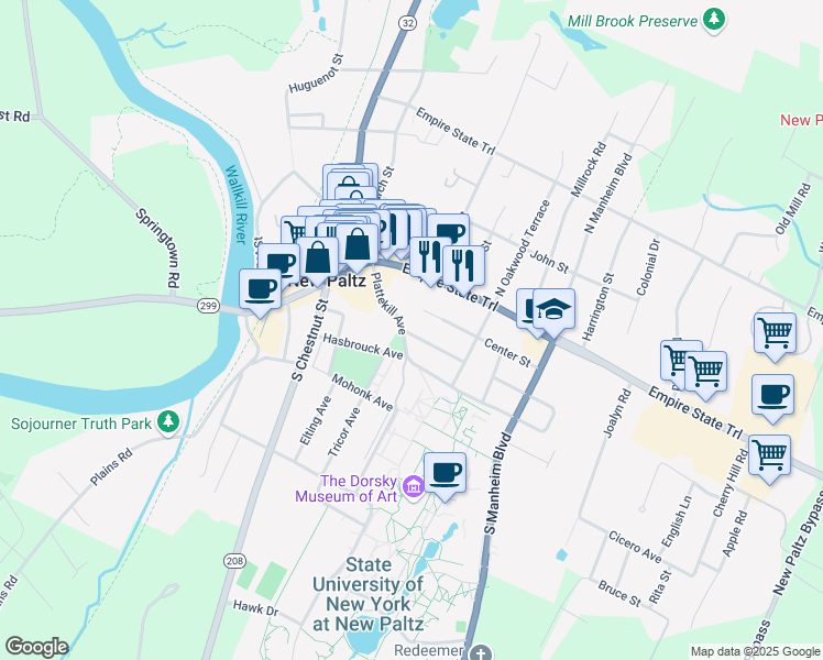 map of restaurants, bars, coffee shops, grocery stores, and more near 30 Plattekill Avenue in New Paltz