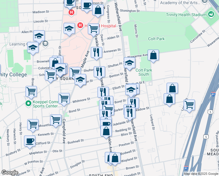 map of restaurants, bars, coffee shops, grocery stores, and more near 50 Elliott Street in Hartford